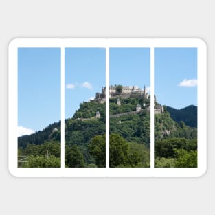 Burg Hochosterwitz. A shot on the move from the driver window of an electric car. Sunny summer day. POV first person view shot on a mountain road. Austria Sticker